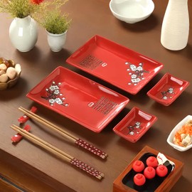 MOCERAKAI 8 pcs Japanese Sushi Plate Sets Serving Platters and Trays for Entertaining Sushi Dishes Set Plates Sushi Plates Traditional Cuisine Dinnerware Sets with Chopsticks Red Plum