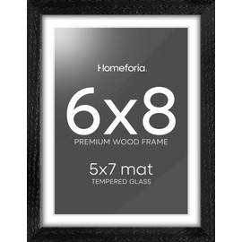 Homeforia 6x8 Picture Frame Black, High-End Wooden 6 x 8 Black Oak Frame for Wall or Tabletop, 8x6 Black Wood Poster Frame, Black Wooden Frames 6x8 with Mat 5x7, Tempered Glass, Wall Hook Included, Set of 1