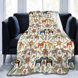 Swedish Dala Horses Throw Blanket Soft Fleece Blanket Men Women Gift for Kids Boys Girls for Party Couch Sofa Bed Deco Blankets 80x60 Inches