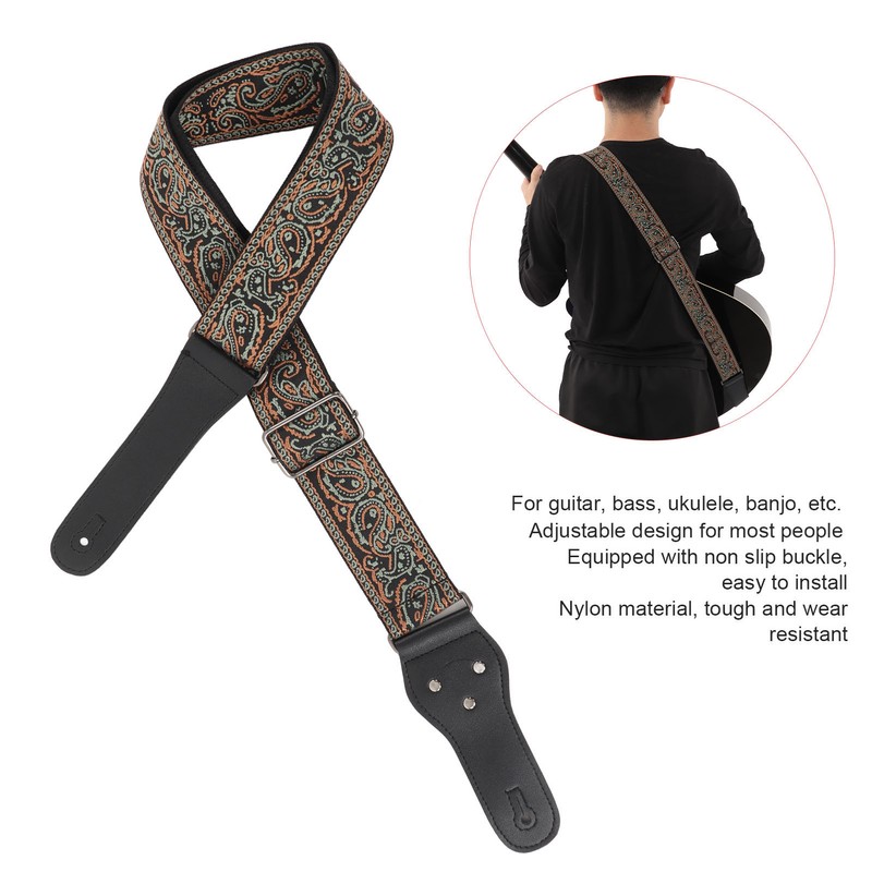 Electric Guitar Strap Adjustable Nylon Embroidered Shoulder Strap with Non