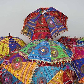 Marubhumi Indian Handmade Designer Cotton Fashion Multi Colored Umbrella Embroidery Boho Umbrellas Parasol (2 Pcs)