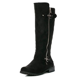 Forever Mango-21 Women's Winkle Back Shaft Side Zip Knee High Flat Riding Boots Black Nubuck 6.5