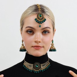 Traditional Maang Tikka with Kundan Necklace Earrings Jewelry Set Ethnic Crystal Jhumka Earring Wedding Jewelry for Women Boho Outfit Pendent Choker Necklace Bridal Party Dance Hair Accessories (Green)