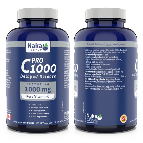Naka Platinum PRO Pure Vitamin C 1000 mg Delayed Release 100% Vegetarian - BONUS Size 180 Veggie Capsules (150+30)