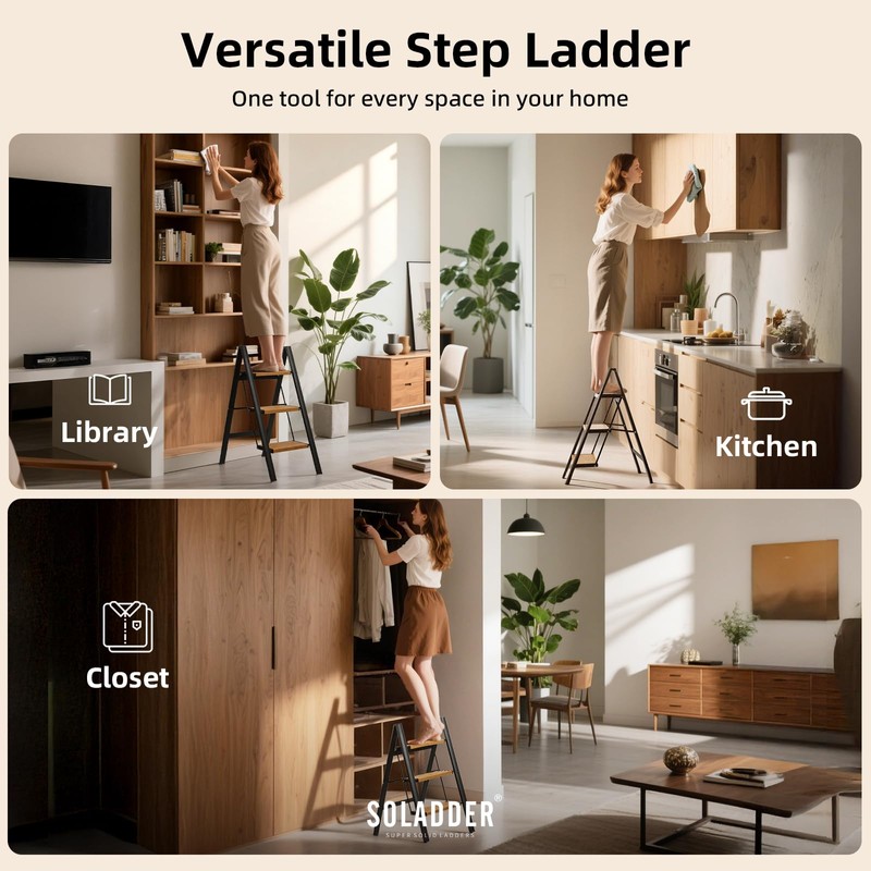 SOLADDER 3 Step Ladder, Anti-Slip and Lightweight Foldable Step Stool