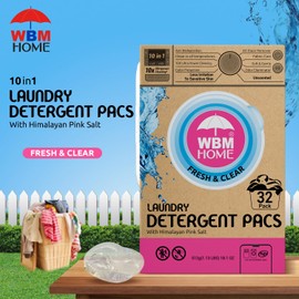 WBM Home Laundry Detergent Pods, 32 Count | Fresh & Clear Unscented | Laundry Pods 10x Ultrapower Cleaning With Color Protection and Eco-Friendly Packaging