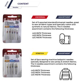 Singer Universal Sewing Needles Cotton and Knitting Fabrics Elastic and Lycra 2020 and 2045 System 130/705 H (Flat on One Side) HAx1 and H-S + Metal Rings