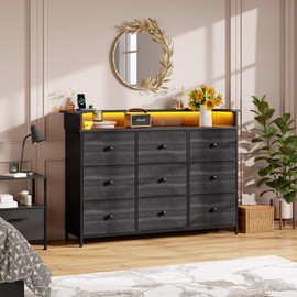 Nicehill 9 Drawer Dresser for Bedroom, TV Stand for Bedroom, Black Dresser with LED Light, Fabric Chests of Drawers for Hallway Entryway (Black Wood Grian)