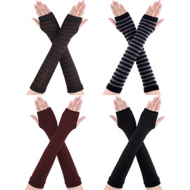 Bememo 4 Pairs Punk Gothic Long Fingerless Gloves Knitted Arm Warmer Elbow Length Thumb Hole Gloves(Black, Coffee, Striped Color)