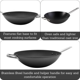 Imusa LCI-19008 USA 14" Light Cast Iron Wok Pre-seasoned Non-Stick with Stainless Steel Handles Cookware, Black