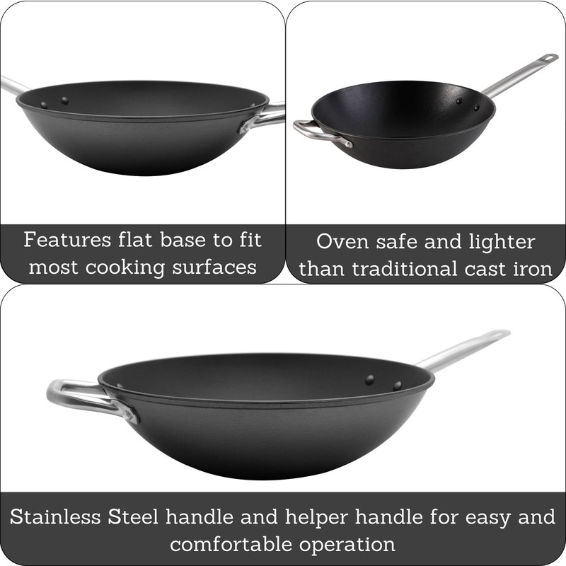 Imusa LCI-19008 USA 14" Light Cast Iron Wok Pre-seasoned Non-Stick