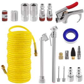 Wokape 20Pcs Air Compressor Accessory Kit, 1/4 Inch NPT Air Tool Kit Contains 1/4" x 25Ft Coil Hose, 1/4" NPT Quick Connect Air Fittings, Blow Gun, Nozzle, Tire Gauge, Inflation Needles for Car