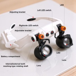 Magnifying Glasses with Light - Magnifying Glasses with 3-10x Magnification (21 Combination Options), Forehead Magnifier with Lighting (Interchangeable Warm/Cold LED Lamps), Lightweight 95 g