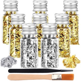6 PCS Edible Gold Leaf and 2 PCS Silver Edible Gold with Tweezers and Brush, for Cakes DIY Craft Home Restaurant Decor Crafts Painting Nail Art