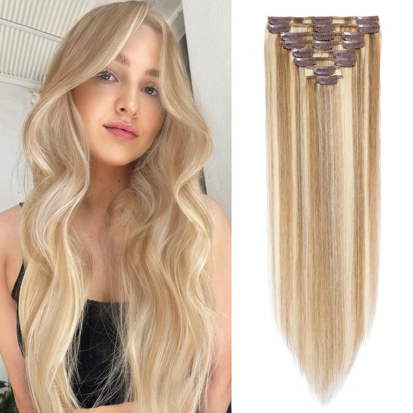 Benehair Clip-In Real Hair Extensions, 8 Pieces, 100% Real Hair, Flax Yellow Mixed Light Gold Hair Extensions, Clip Hair Extensions for Women, 18 Hair Clips per Set, 25 cm, 50 g