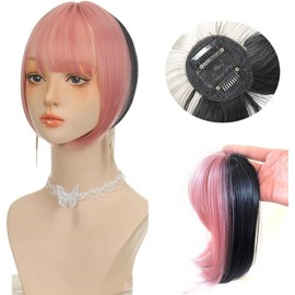 Clip in Bangs Straight mixed colour Fringe Hair Patch Synthetic Topper Cover Hairpieces with Bangs for Women Girls One Piece Bangs with Temples (Pink and Black, 20cm)