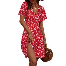 FENSACE Beach Vacation Outfits for Women Sundresses Red Floral Dress Resort Wear(Floral-44,Medium)