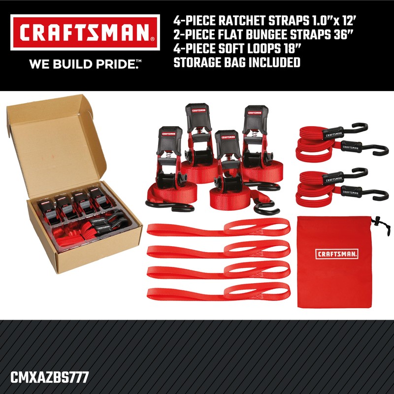 CRAFTSMAN CMXAZBS777 Black/Red 10-Piece Tie-Down Kit with Ratchet Straps, Bungees,