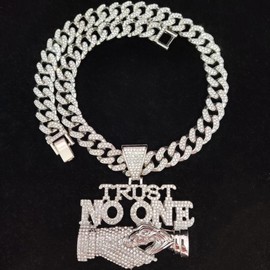 N-Made Beautiful Hip Hop Trust No One Pendant Necklace, Iced Out Pendant for Men & Women, Cuban Chain Width 13mm