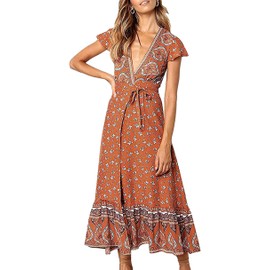 R.Vivimos Women's Summer Short Sleeve Floral Print Bohemian Beach Waist Tie Wrap Long Flowy Dress with Slit (Small, Burnt Orange)
