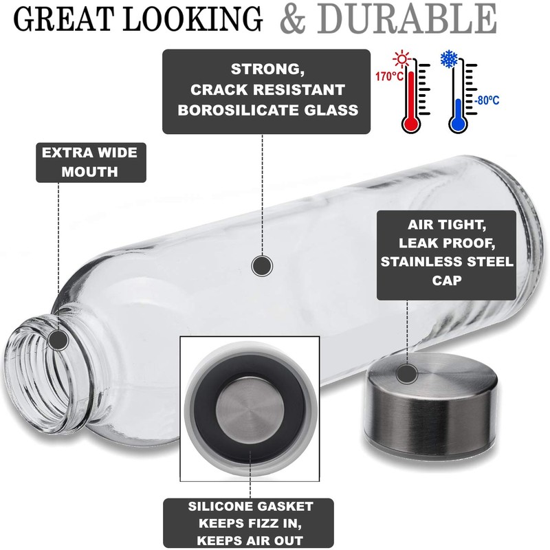 Brieftons 18 Oz Clear Borosilicate Glass Water Bottles With Caps,