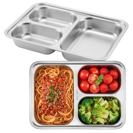 Offiper 304(18/8) Stainless Steel Compartment Plates, Set of 2 Rectangular Divided Trays with 3 Deep Dividers for Portion Control, Metal Sectional Stackable Dishes for Adults, Eating, Snack, Camping