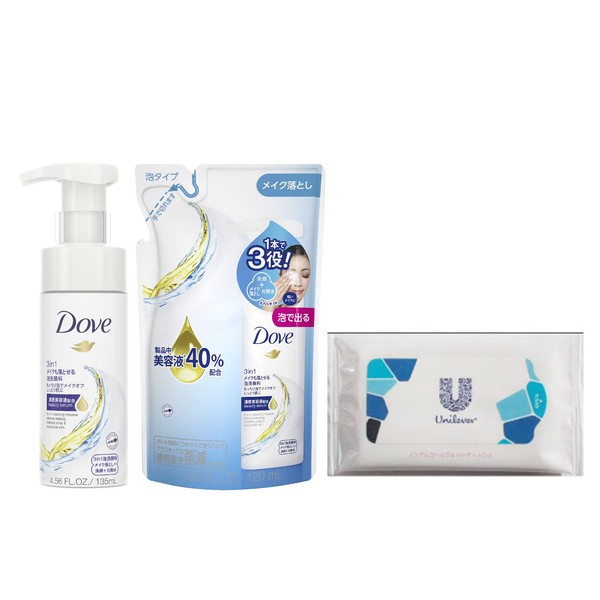 Dove 3-in-1 Foam Face Wash with Makeup Removal, Main Unit + Replacement Set, 4.2 fl oz (135 ml) + 4.2 fl oz (120 ml), Bonus Included