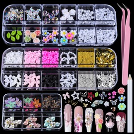 Teenitor Nail Charms and Gems Nail Art Tools, 3 Box 3D Flower Nail Charms for Nails Design Tools, Nail Pearls Nails Supplies, Butterfly Bow Nail Charms Nail Decor 3D Nail Art Kit
