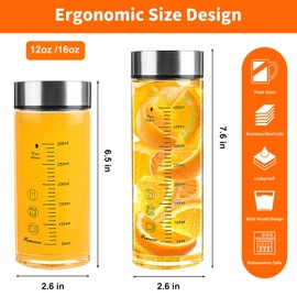 Glass Juice Bottles 4 Pack 16 oz - Wide Mouth Glass Water Bottles with Lids - for Juicing, Protein, Smoothie, Milk, Reusable, BPA Free, Stainless Steel Lids, Blender, Shaker Bottle (16oz/500ml)