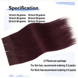 Aison Cinta En Extensiones De Cabello 99J 100% Remy Extensiones De Cabello Humano Recto Sedoso Para Mujeres De Moda 20 Unids/Paquete (14 Pulgadas 30G) #99J