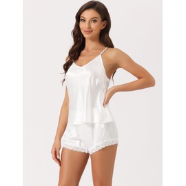 cheibear Womens Satin Pajamas Sleeveless Lace Trim Camisole Tops with Shorts Sliky Lounge Sets X-Small White