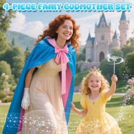 4 Pcs Fairy Godmother Costume Set for Women, Adult Fairy Princess Costume Accessories with Blue Fairy Hooded Cape Gloves Wand Bow Tie for Party Cosplay Dress Up