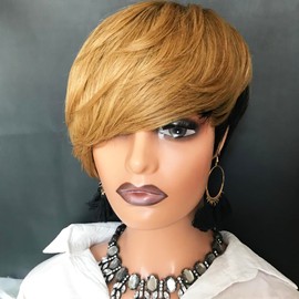 HOTKIS Short Human Hair Wigs for Black Women Short Blonde Bob Pixie Cut Wig Human Hair Short Wigs Human Hair Natural Straight Pixie Wig with Bangs Ombre Blond 1b/27# 8inch