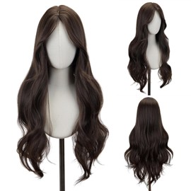 STYLER Peluca Castaña con Raya Al Medio Y Flequillo para Mujer - Pelucas Castañas Onduladas de 66 Cm de Largo, Cabello Sintético Resistente Al Calor, de Aspecto Natural, Ideales para Uso Diario, Hallo
