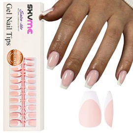 Gel French Tip Nails Short Coffin French Tip Press on Nails SXVME White French Nail Tips 300Pcs Pre-applied Tip Primer Natural Nude Pink Fake Nails Extensions Gel Nail Kit for Women Girls DIY