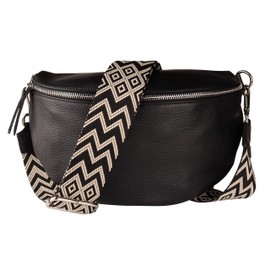 MIRROSI® Women's Bum Bag, Genuine Leather, Made in Italy, Shoulder Bag, Chest Bag, Crossbody Bag (1 Bag & 2 Straps), Black (bohemian black beige), Bohemian