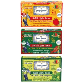 Explorer 3 Flavor Variety Pk Gourmet Wild Pole & Line Tuna Fillets in Olive Oil (3 Pk, 120g Ea) Bell Pepper, Natural Oregano, Spicy Piri Piri - Natural - Hand-Packed Fresh in PORTUGAL - Keto - Paleo