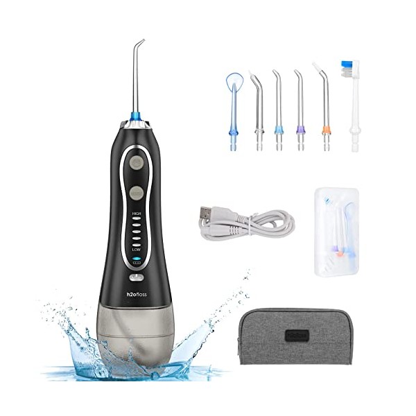 H2ofloss Water Flosser Portable Dental Oral Irrigator with 5 Modes, 6 Replaceable Jet Tips, Rechargeable Waterproof Teeth Cleaner for Home and Travel -300ml Detachable Reservoir