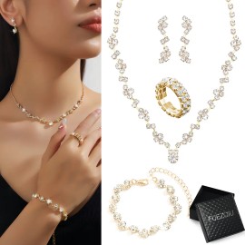 FUEZOIU Kit 4 Pz Joyería Juego De Collar Pulsera Pendientes Y Anillo Para Novia Mujer Color Oro Regalos de San Valentín
