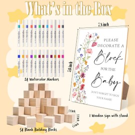 Mopwe Boho Floral Baby Shower Games, Boho Floral Baby Shower Decorations, Bohemian Flowers Decorate a Block Game Set, Gender Reveal Games, Includes 54 Blank Building Blocks, 24 Pens, 1 Sign