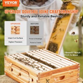 VEVOR 10 Frame Medium Super Bee Hive Box, Bee Box Dipped in 100% Beeswax, Langstroth Beehive Kit with 10 Frames and Foundations and Transparent Acrylic Windows for Beekeeping Supplement