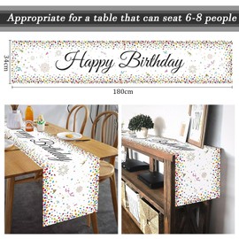 WEXFFU Table Runner Birthday Black Gold Tablecloth Birthday with Confetti, Happy Birthday Table Runner for Boys Girls Party Birthday Decoration (White)