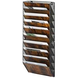 Solinxe 10 Pockets Wall File Holder Hanging Mail Paper Document Folder Organizer Magazine Rack Wood Office Classroom Clipboard Storage Organization, Black/Antique