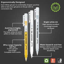 Brusarth White Gold and Silver Gel Pen Set, 1mm Extra Fine Point Pens Gel Ink Pens Opaque Archival Ink Pens for Black Paper Drawing, Sketching,Card Making, Illustration, Bullet Journaling, 8 Pack