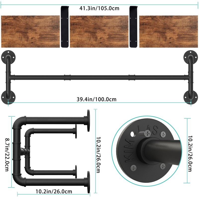 Yawinhe Industrial Pipe Clothing Rack with Shelves,Closet Rod,Rustic Brown