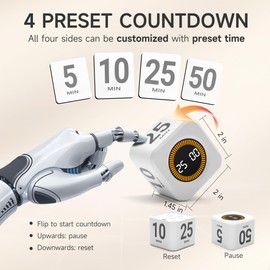 Exlliy Rotating Productivity Timer 5, 25, 10, 50 Minutes Preset, Desk Cube w/Gravity Sensor for ADHD, Mute Functions, Ideal for Work, Study, Kitchen, Back to School (1, White)