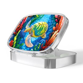 Pill Box, Small Pill Case for Purse & Pocket, Metal Decorative Pill Container, Cute Mini Portable Pill Holder to Hold Supplements, Vitamins, Fish Oil, BPA-Free(Sea Turtle)
