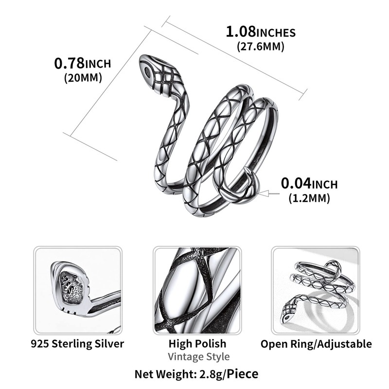ChicSilver 925 Sterling Silver Snake Ring for Women Adjustable Wrap