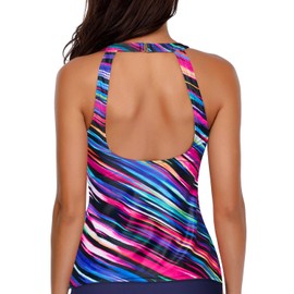 Holipick Color Striped Tankini Tops for Women High Neck Bathing Suit Tops Tummy Control Tank Tops Swimsuits L