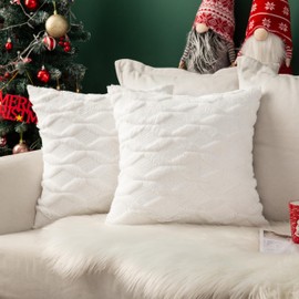 MIULEE Christmas Cushion Covers Fluffy Plush Pillowcase 2 Pack Wool Throw Pillow Case Decorative Throw Pillow Cover Elegant With Plush Home for Sofa Bedroom Living Room 45 x 45 cm 18 x 18 Inch White
